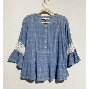 LOFT Top Womens XL Windowpane Embroidered Crochet Bell Sleeve Henley Blue Boho